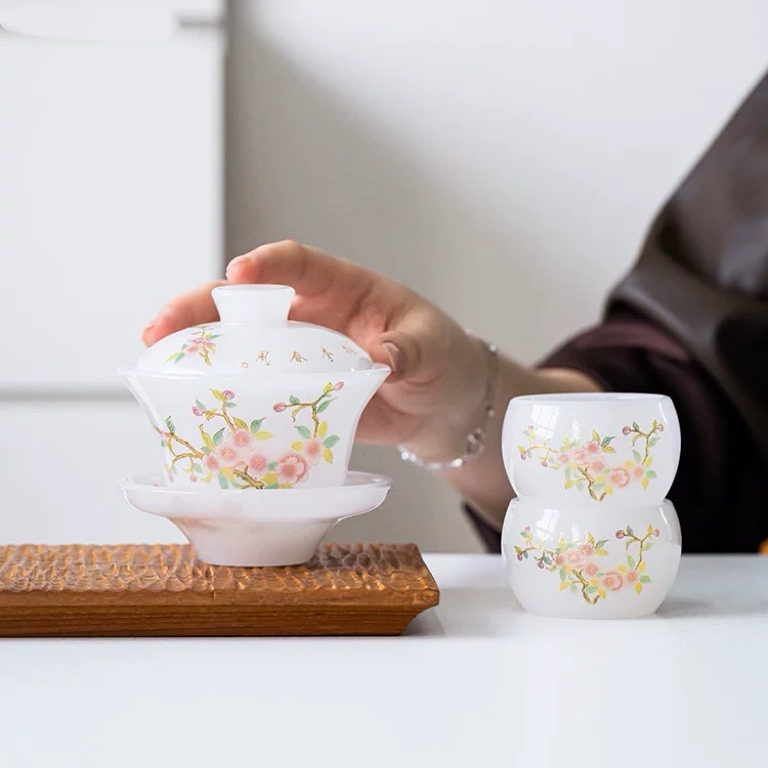 桃花琉璃盖碗防烫耐高温茶具套装一盖碗二杯国风茶道杯禅意泡茶碗