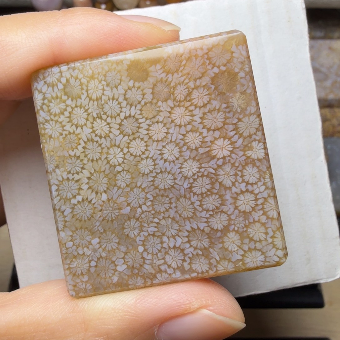 硅化玉未镶嵌玉透立体小彩花，大厚方牌