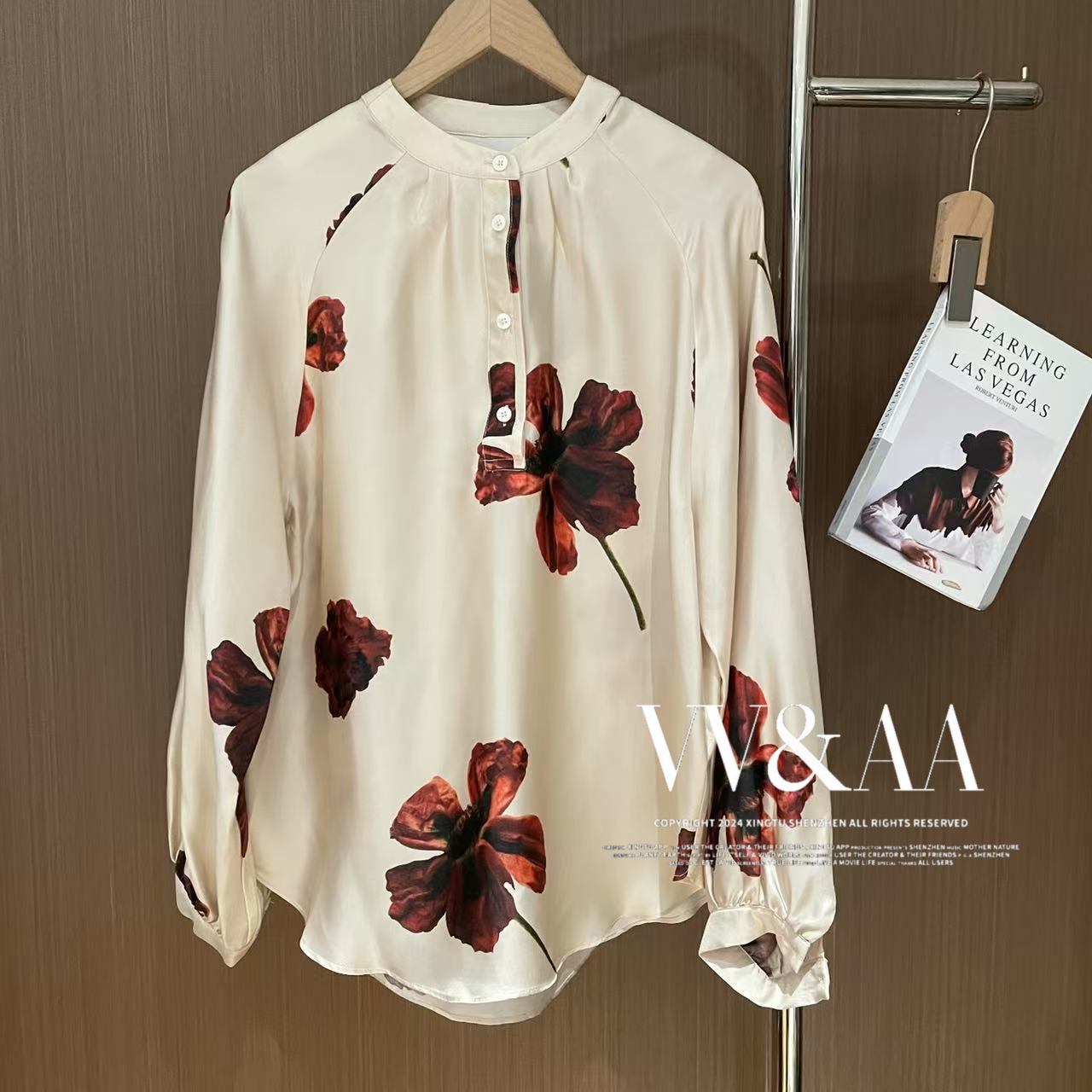 VV&AA重磅斜纹大气花朵印花圆领宽松气质圆弧下摆衬衫上衣ANA4235