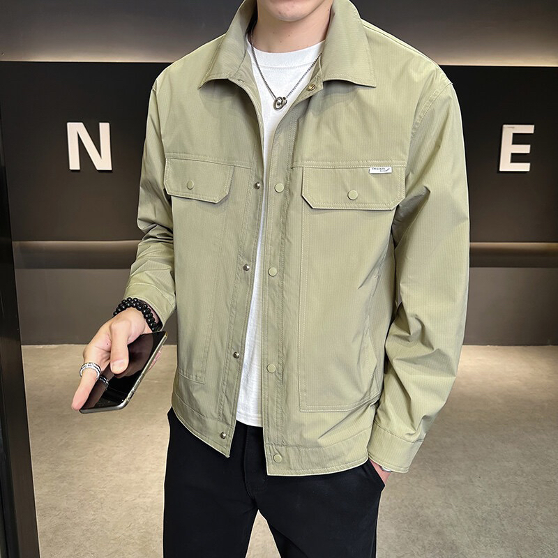 春秋季新品百搭高品质男士翻领纯色工装时尚大方抗皱夹克外套上衣