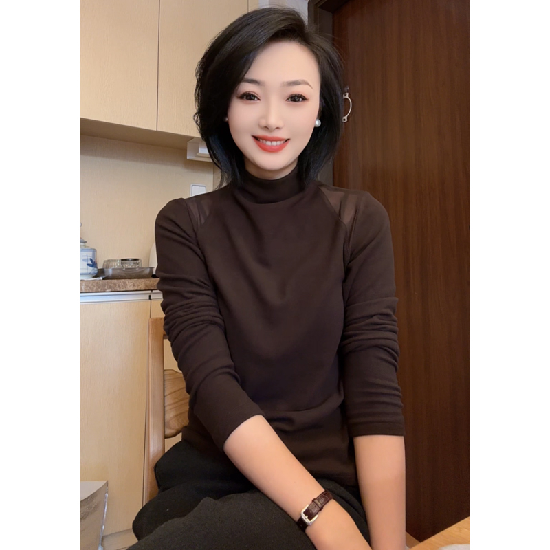 咖色半高领德绒打底衫内搭秋冬网纱拼接磨毛长袖外穿t恤上衣25243