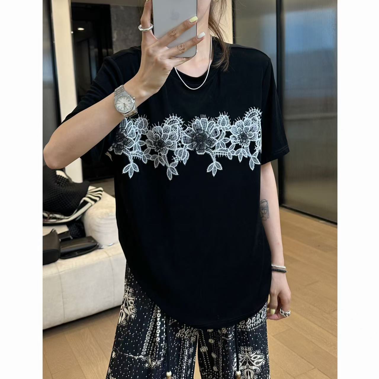 小静静一会【蕾丝贴标醋酸T】2025夏款冰感显瘦短袖 2504C2320