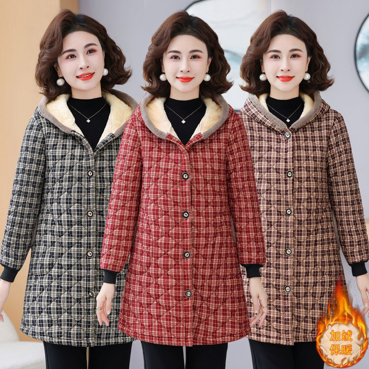 中老年妈妈冬装加绒加厚格子连帽中长款保暖棉衣外套冬季女装棉袄