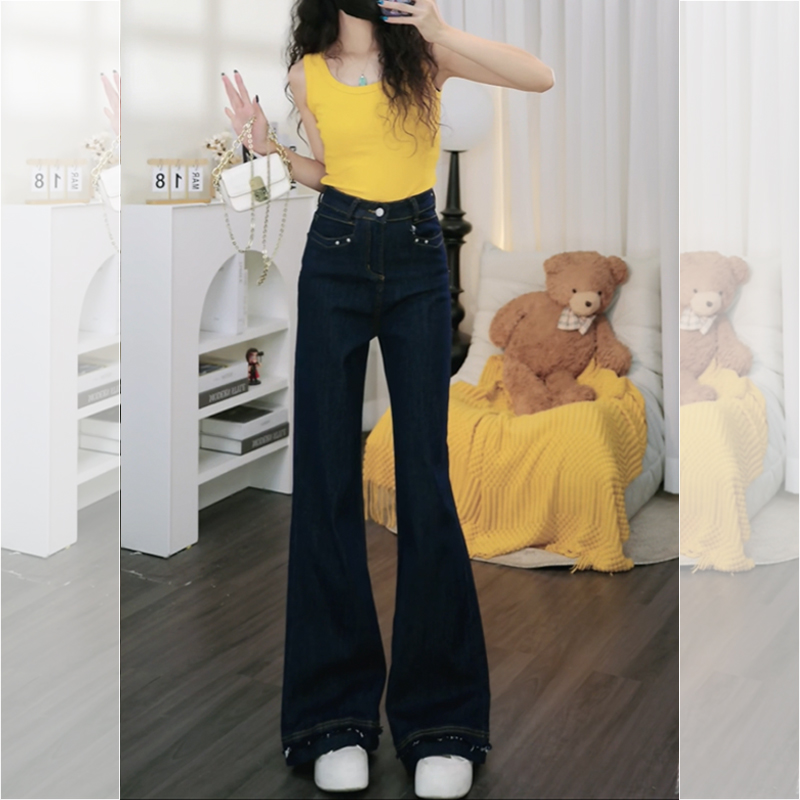 丹宁蓝高腰喇叭牛仔裤女2025年秋款宽松拖地裤弹力小个子修身显瘦