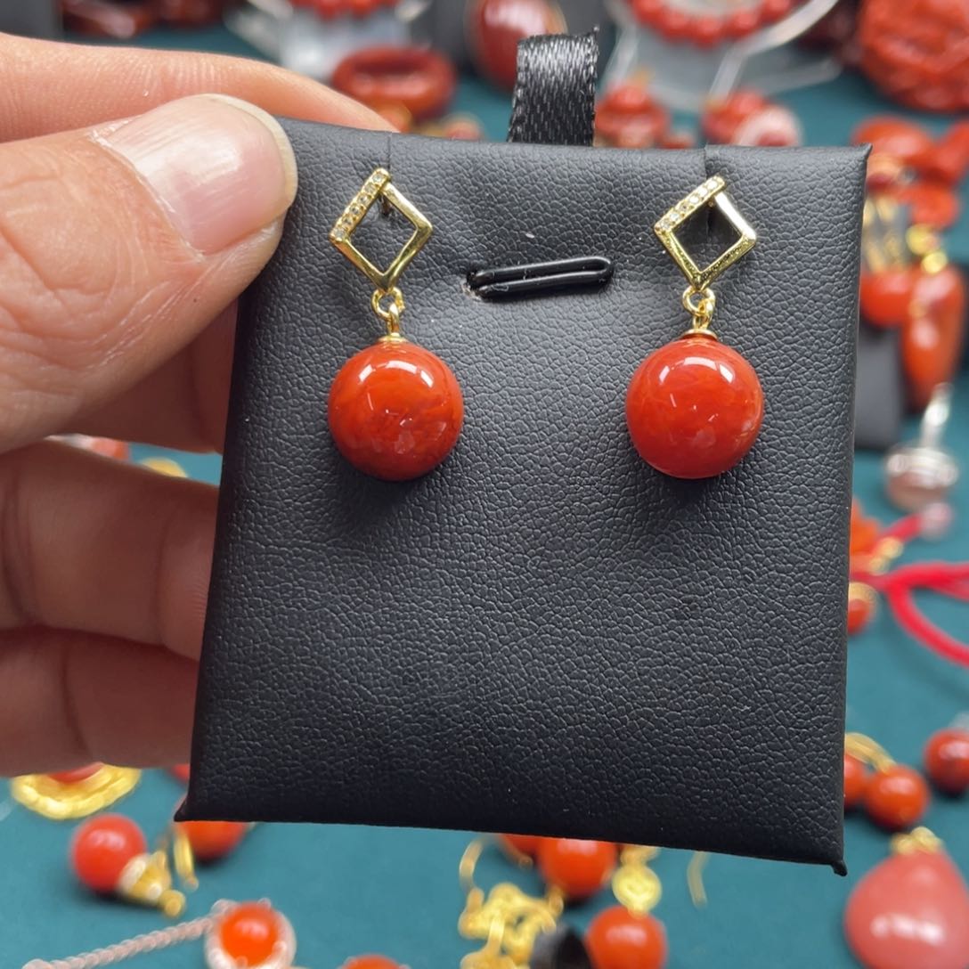 南红玛瑙川料满肉火焰纹南红耳环银S925镀金镶嵌用****6