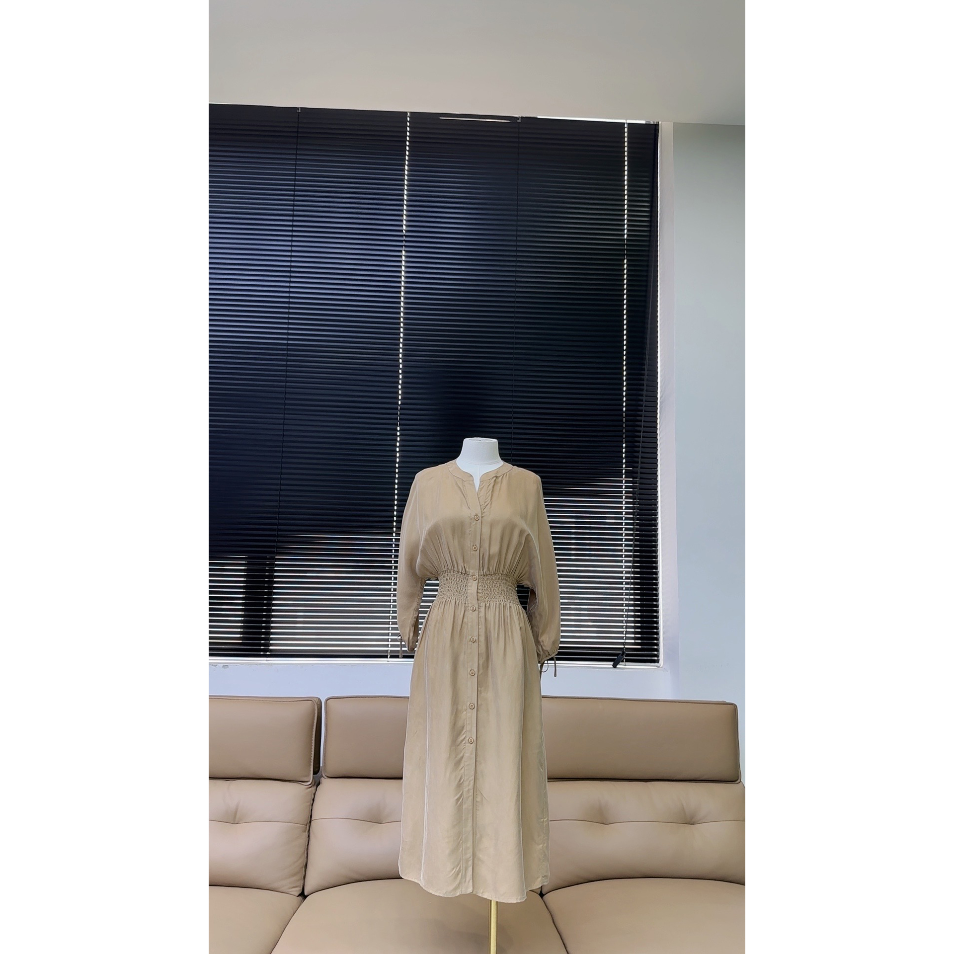 品牌原单铜氨丝连衣裙—卡其—0606