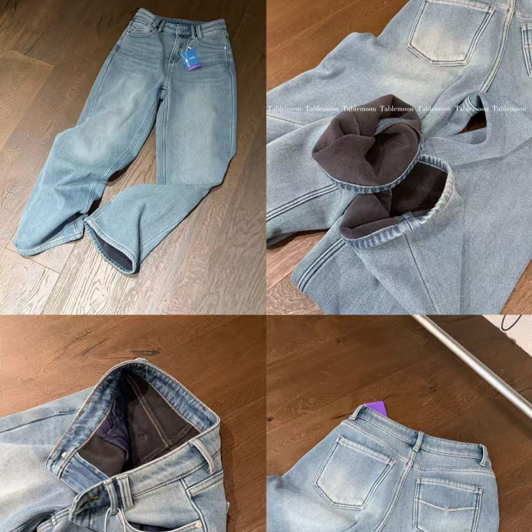 冬季新款 (我超爱的)-XIU 浅色牛仔加绒裤 直筒水洗牛仔裤