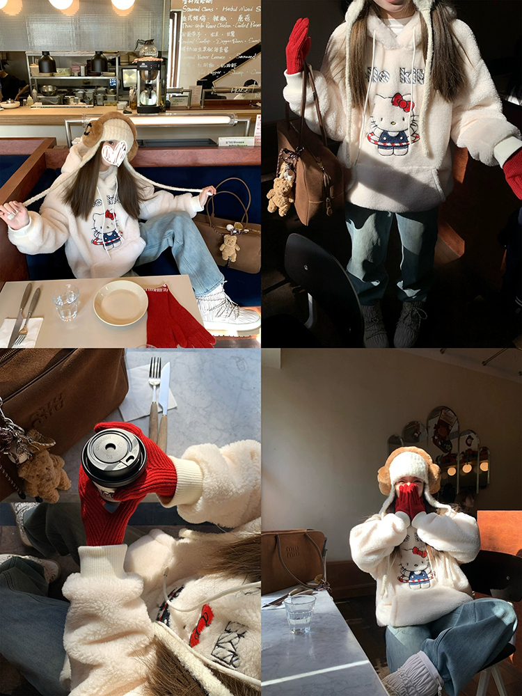 5232#糯叽叽凯蒂猫连帽羊羔绒款式卫衣长袖软糯百搭休闲款式上衣