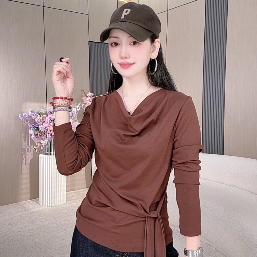 【8982】2025新款早秋女士长袖修身收腰飘带上衣设计感显瘦时尚