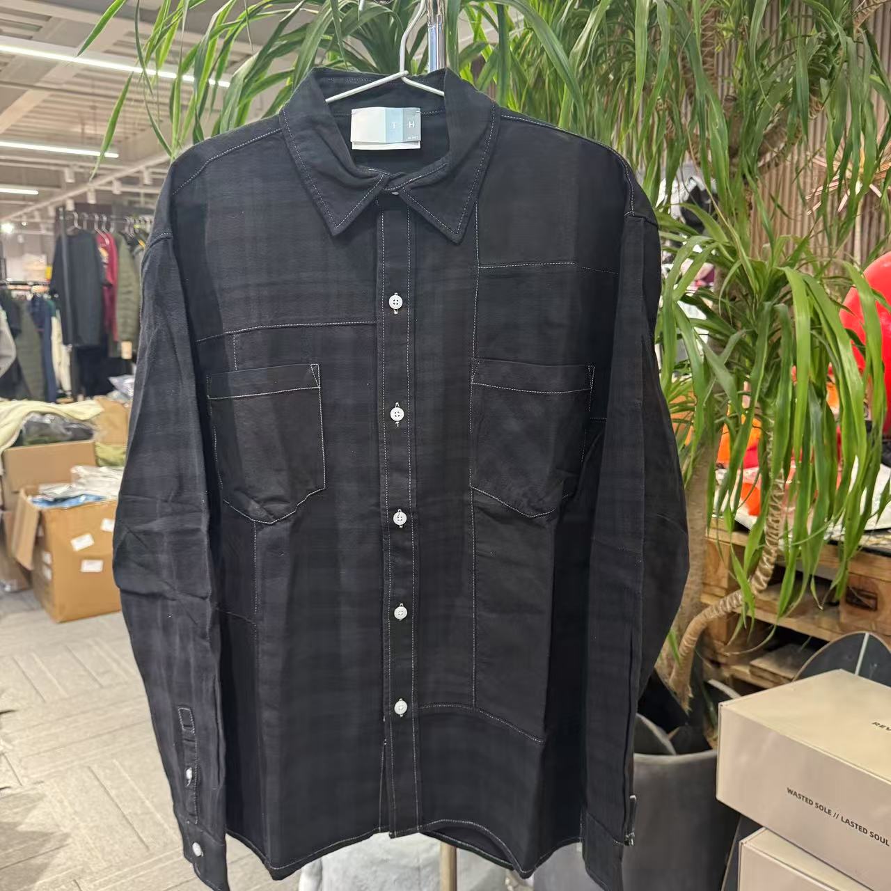 【潮流光头强】K26 黑色格子衬衫 纽扣 ki15dx