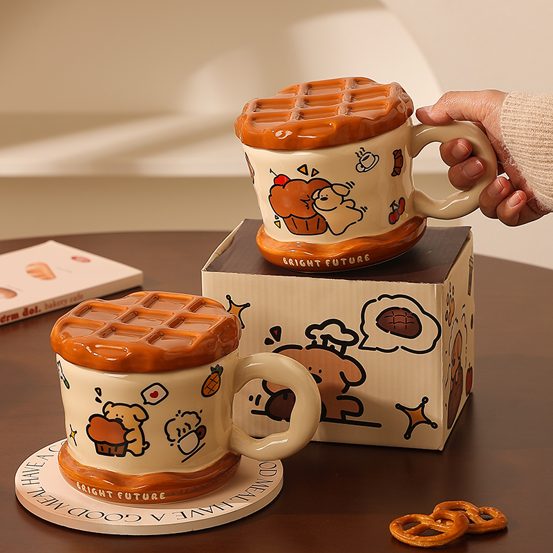 华夫饼马克杯带盖2025新款水杯女生办公室超好看的杯子陶瓷情侣杯