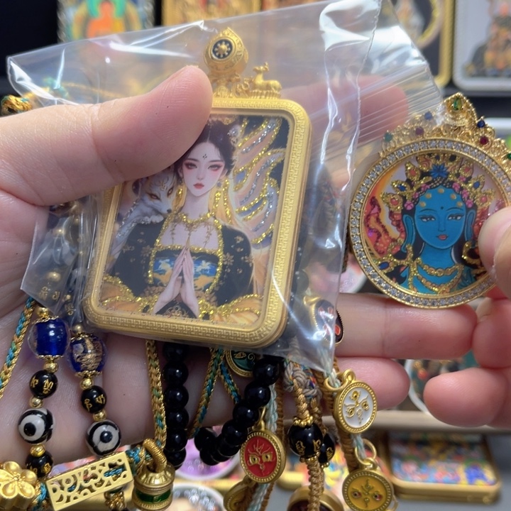 钛钢双面彩金双鹿壳子绳3珠链1小圆卡一面彩金一面描金