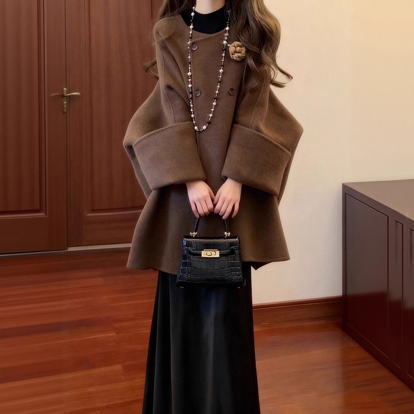 韩版财阀千金风套装女装2025秋冬高级感斗篷毛呢外套半身裙两件套