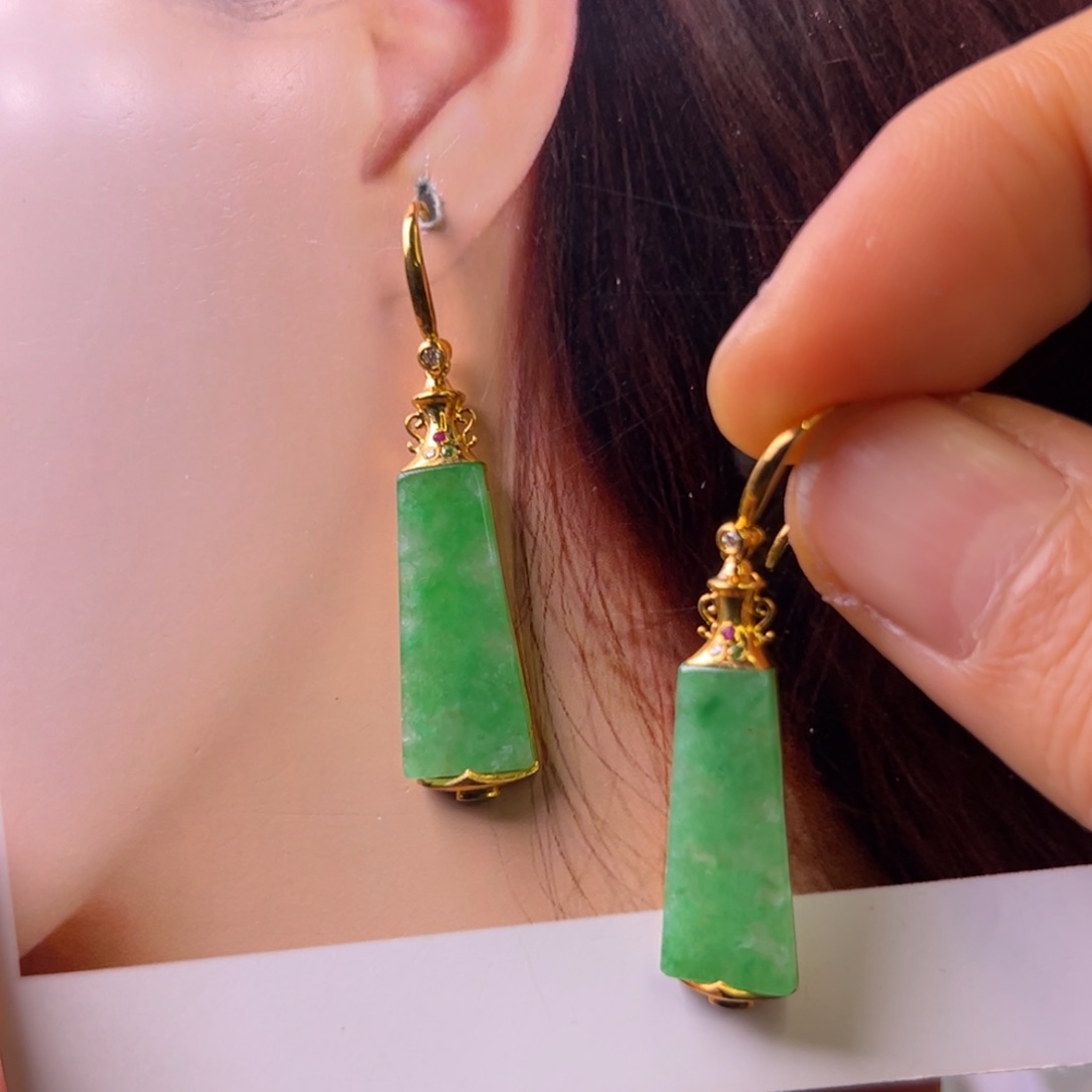 翡翠耳饰18K金镶嵌青***^耳坠