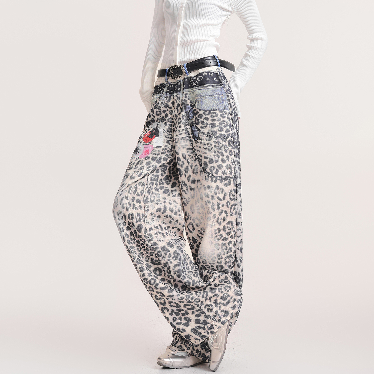 KENABSTUDIO秋冬新款豹纹印花牛仔裤女水洗做旧设计感阔腿裤裤子