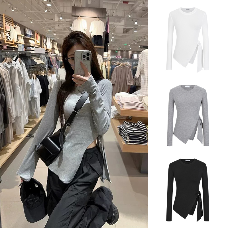 下摆不规则T恤女圆领显瘦长袖打底衫设计感韩系上衣辣妹绑带8001