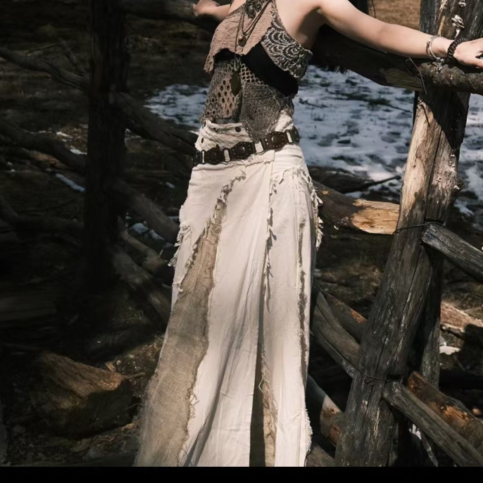 海外流浪风重工嬉皮拼接半裙