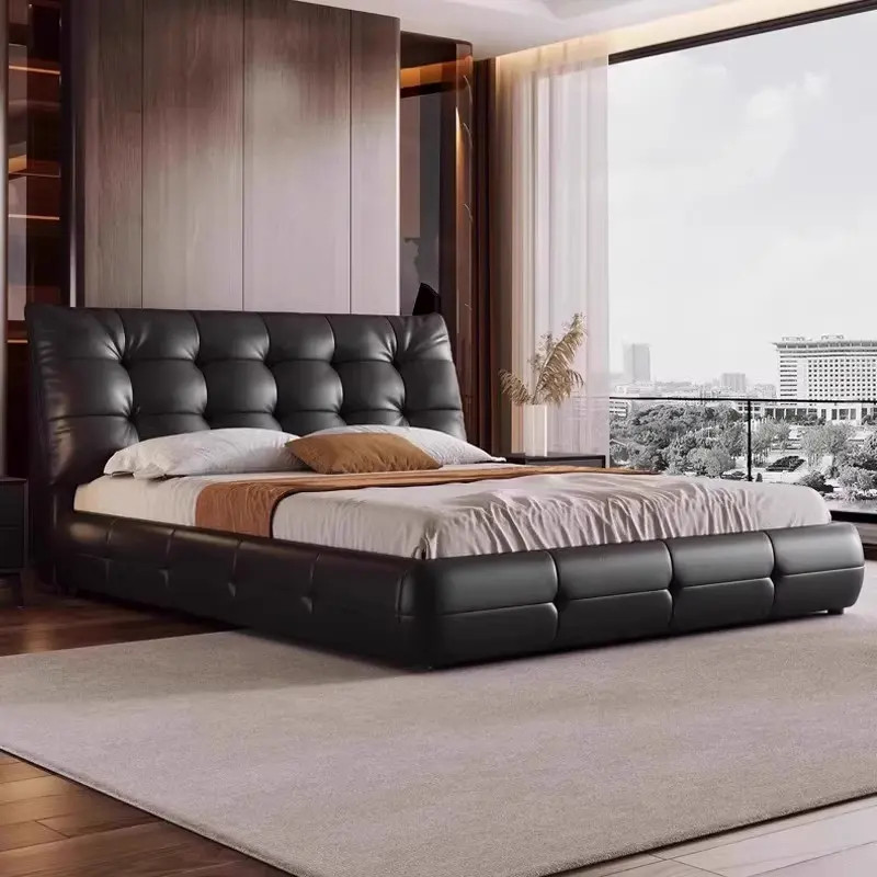 大黑熊轻奢时尚型主卧皮艺床主卧床创意意式双人床客厅头层牛皮