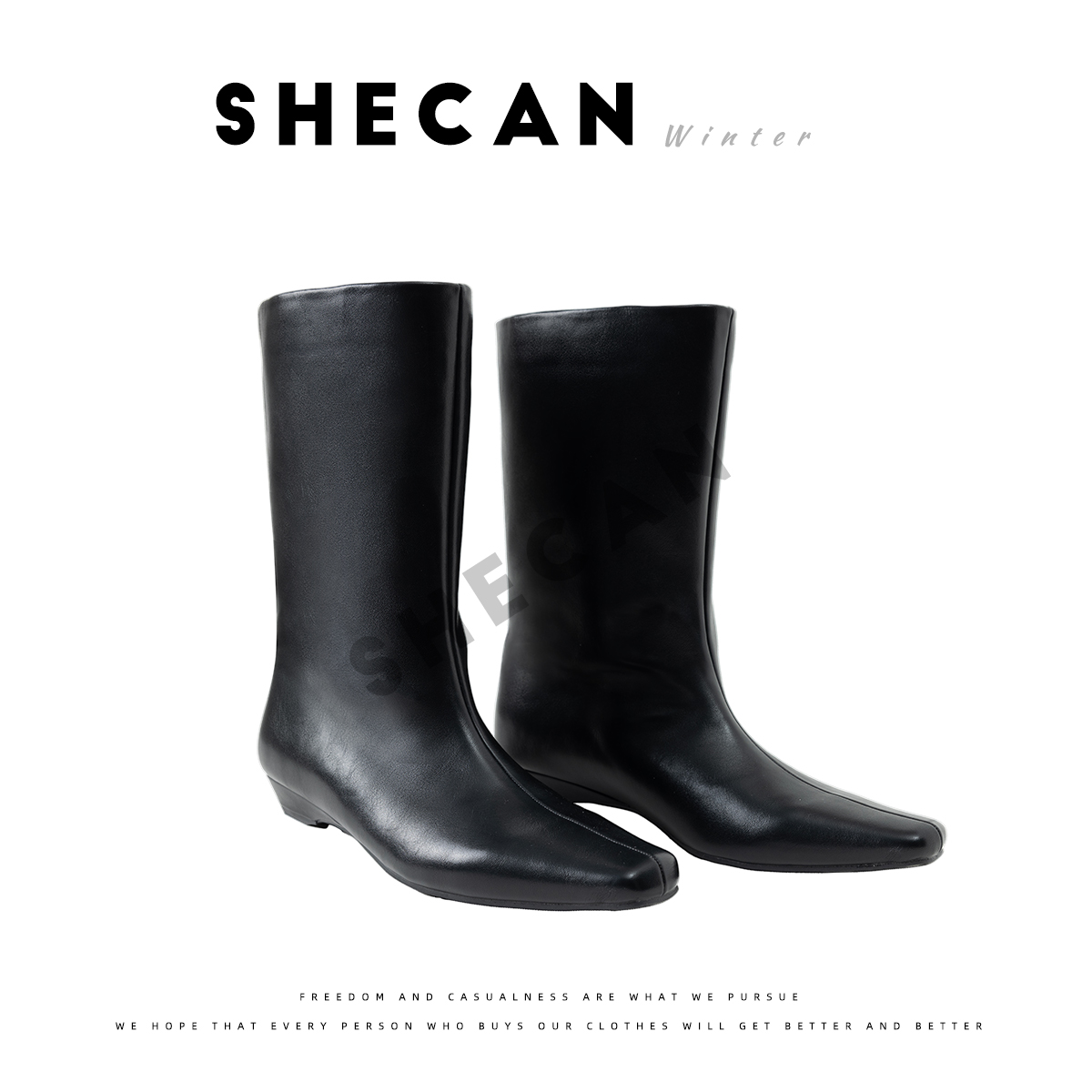 SHECAN 复古港风极简轻职风加绒头层牛皮瘦瘦靴秋冬5DC047