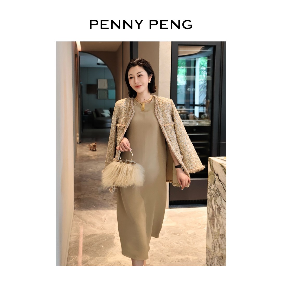 PENNYPENG金渐晚霞早秋气质轻奢金色幻彩四袋小香风外套