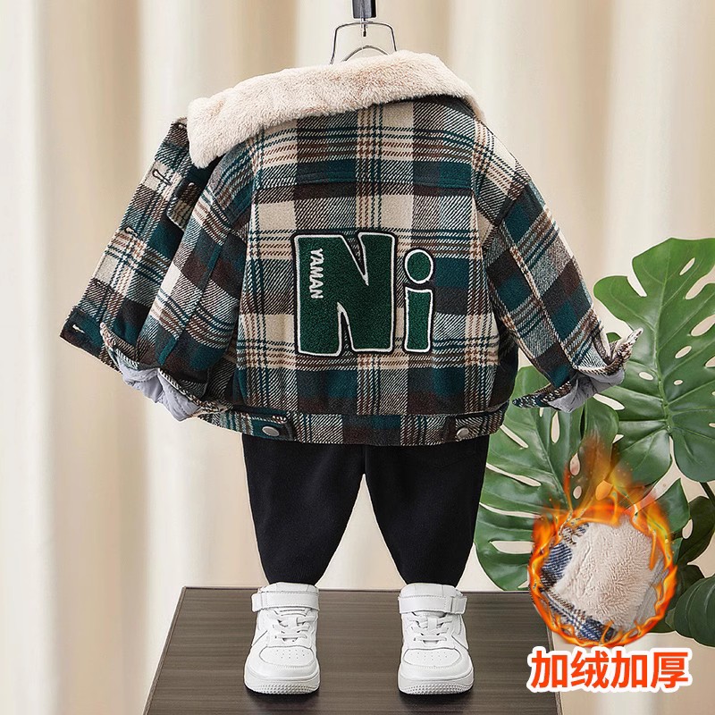 男童秋冬加绒加厚外套2024新款冬季洋气儿童装格子男宝宝帅气冬装