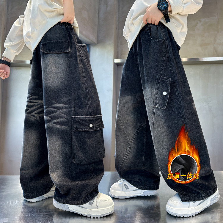 男童痞帅复古直筒工装一体绒牛仔裤秋冬2025新款中大儿童潮酷长裤