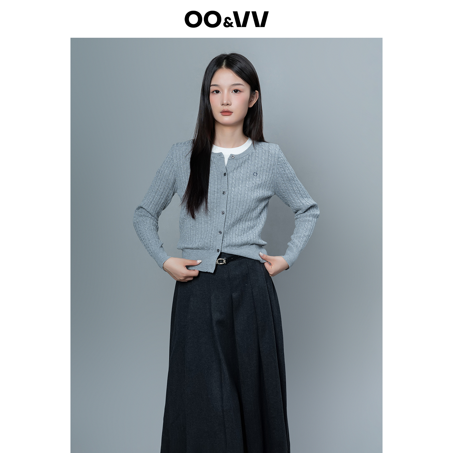OO&VV2025秋新款时尚百搭圆领长袖针织开衫女宽松显瘦羊毛呢外套