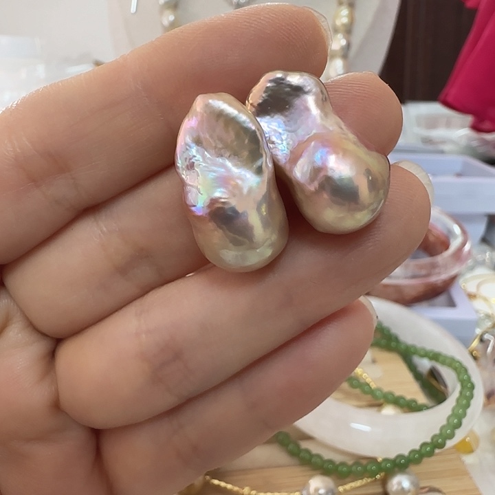 F****淡水珍珠耳饰银S925镶嵌极光炫彩粉紫色有纹理巴洛克23