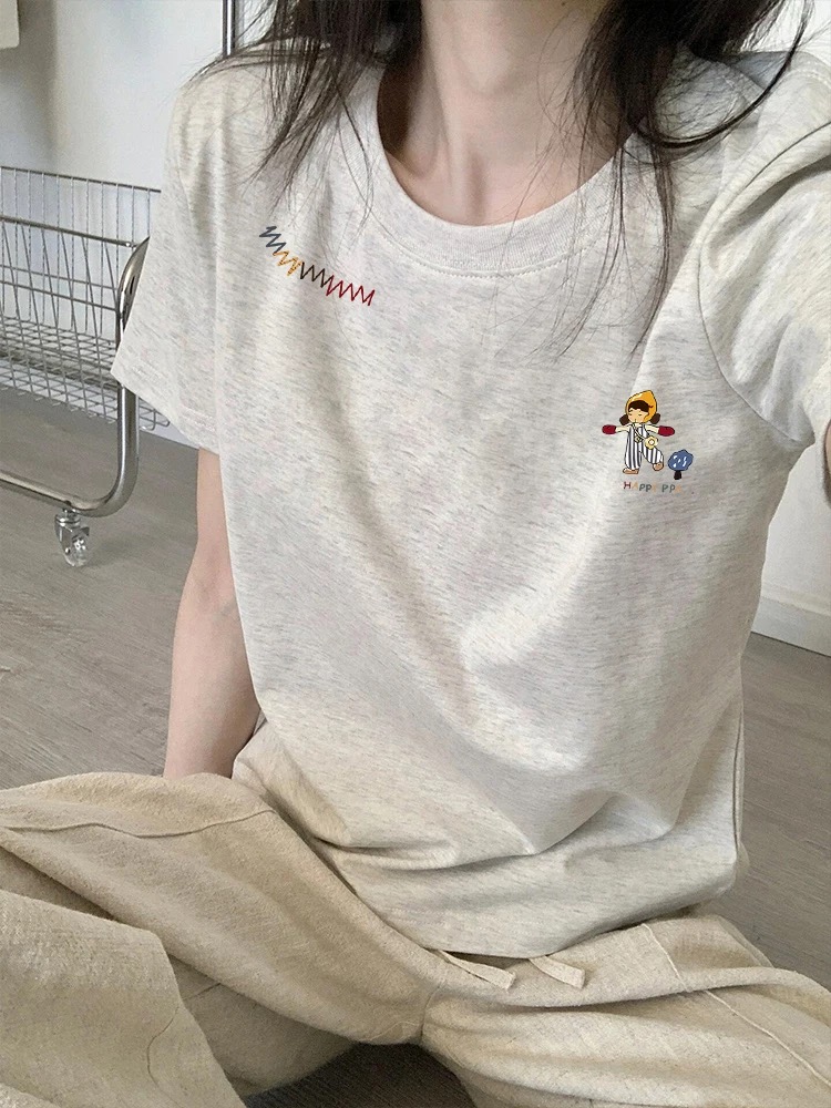 正肩圆领灰色短袖t恤女夏季2025新款美式卡通全棉宽松半袖上衣潮