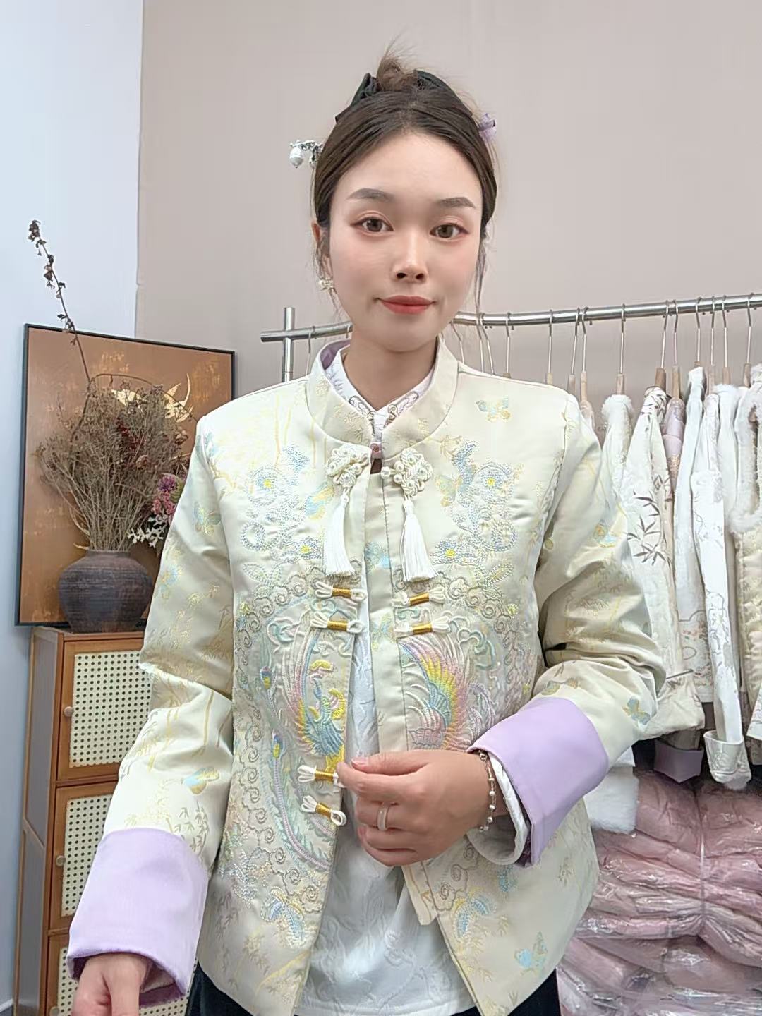 知喜  丹凤朝阳  加棉新款新中式国风立领流苏重工刺绣棉外套棉服