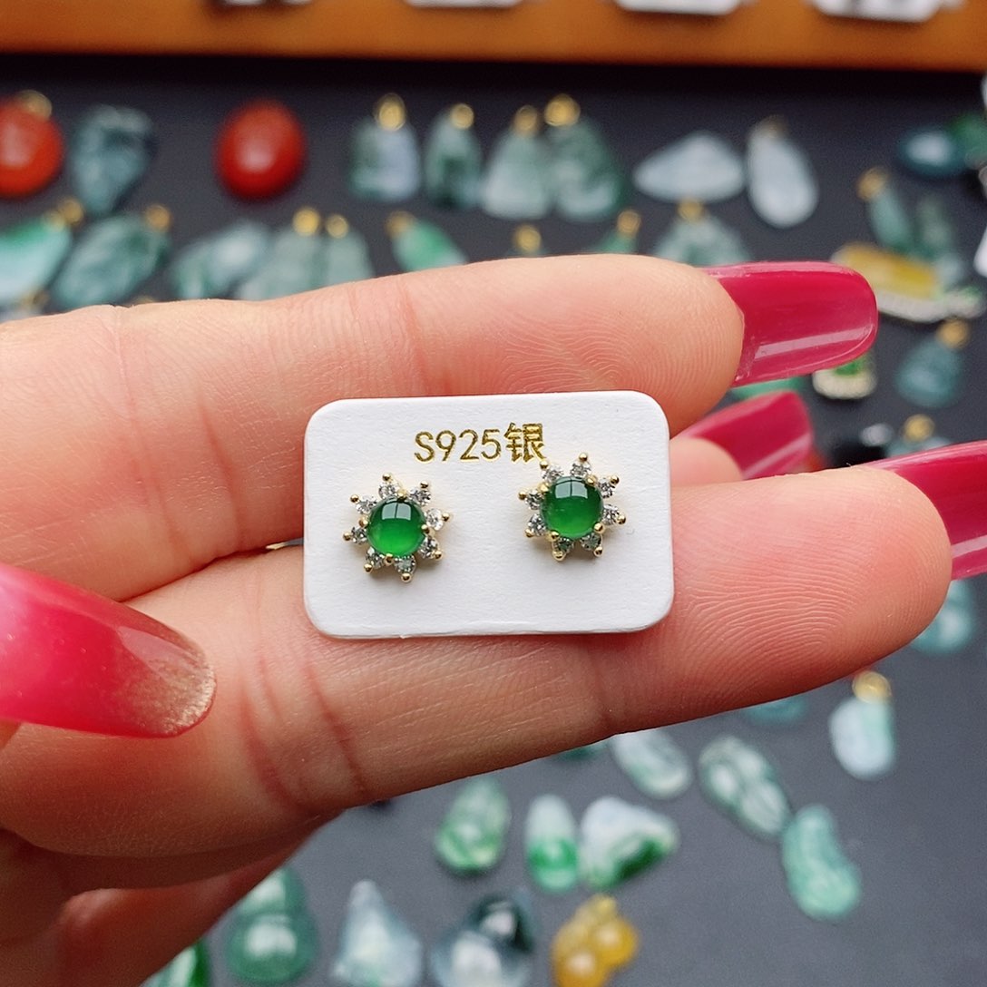 翡翠耳饰银S925镶嵌耳钉