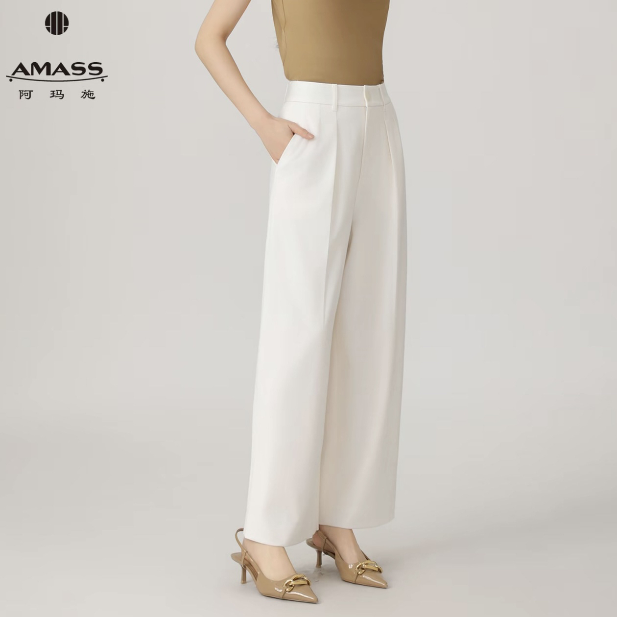 AMASS/阿玛施新款老钱风女高腰通勤微喇百搭西装阔腿直筒裤510031