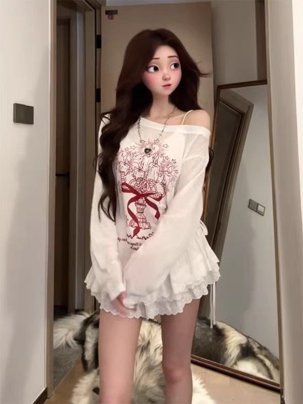 美式涂鸦斜肩T恤长袖春季设计防晒罩衫慵懒夏季薄款宽松印花上衣