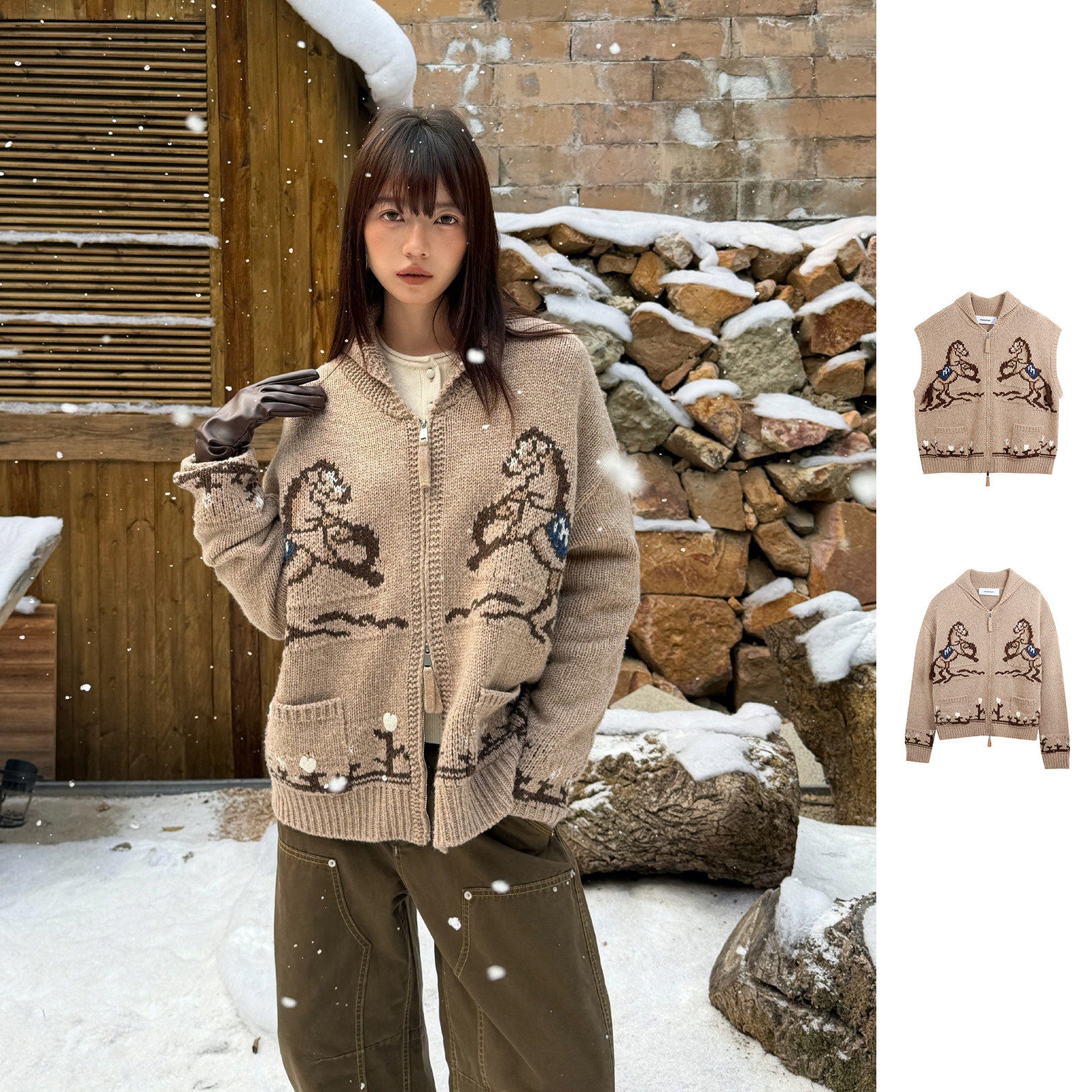 MOMENTPLAY骏马提花古董毛衣拉链马甲/开衫gogobuyer BY6M39004/5