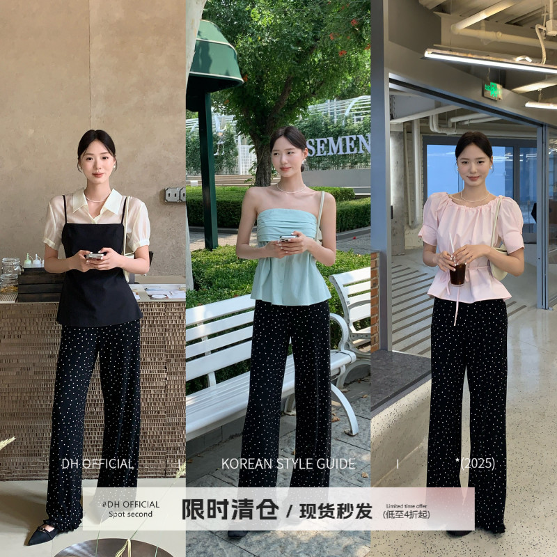 清DH OFFICIAL 大花【波点舞步 pants】雪花波点松紧腰荷叶休闲裤