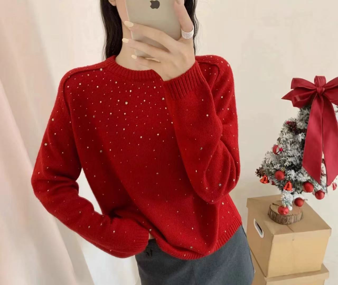欧洲站圆领亮钻加厚毛衣2025冬季新款百搭软糯显瘦针织衫6229