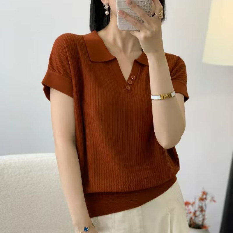 羊范韩系设计感POLO领纯色针织短袖女夏季薄款100%天丝莱赛尔T恤