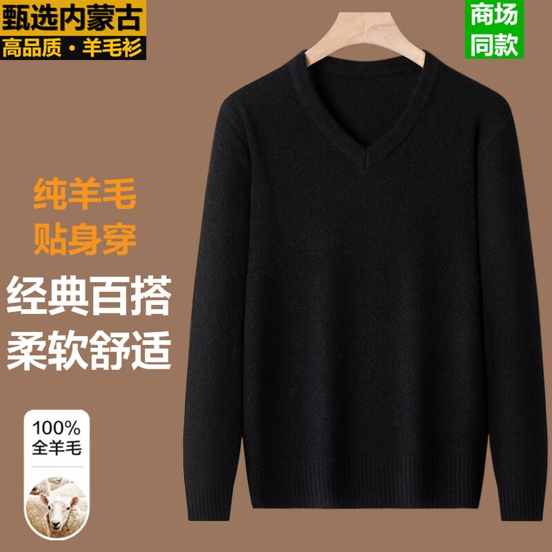 【专柜正品】鸡心领100%纯羊毛衫男士秋冬加厚v领针织打底毛衣男款