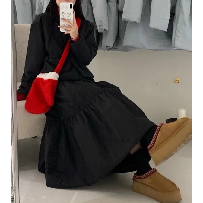 韩版冬季法式温柔风宽松长袖棉服外套+高腰蛋糕裙半身裙套装