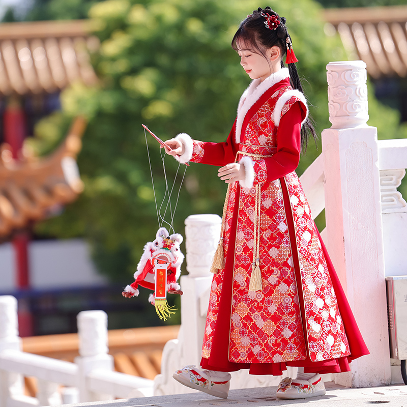 汉服女童冬季连衣裙2025新款女孩儿童加绒裙子宝宝古风唐装拜年服