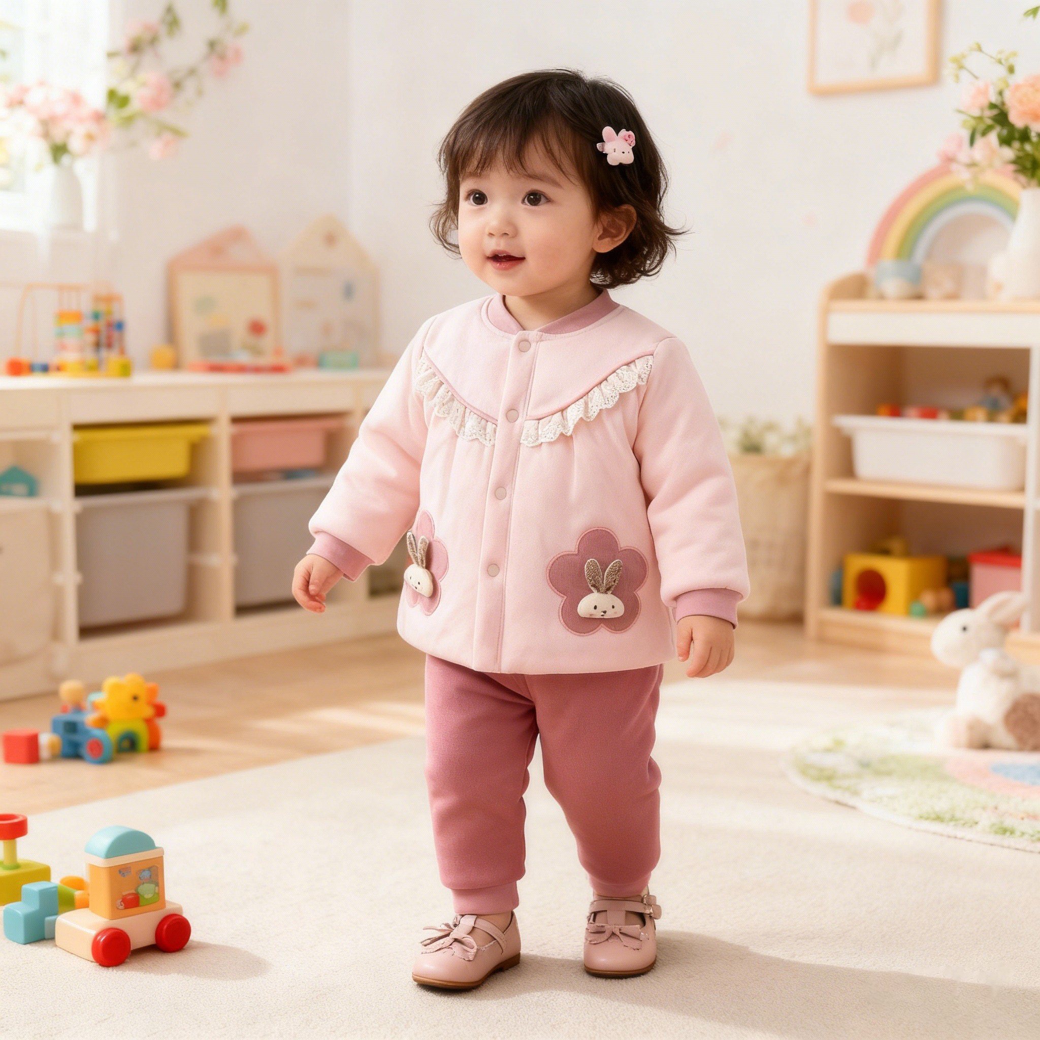 女宝宝棉袄夹棉外套外穿洋气外出公主风纯棉女童加厚衣服套装