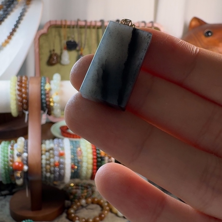 和田玉（墨玉）未镶嵌手链新疆料青花吊坠金扣 意境无事牌