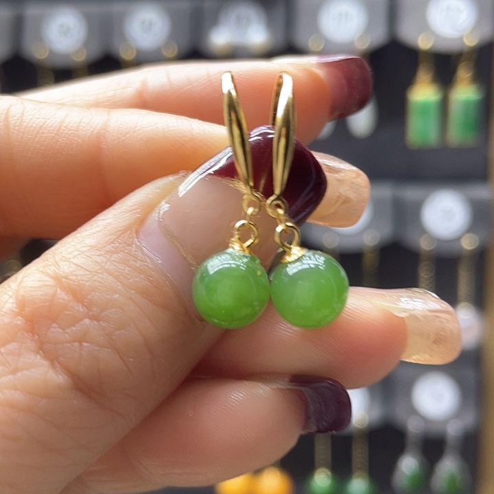 和田玉耳饰银S925镀金镶嵌