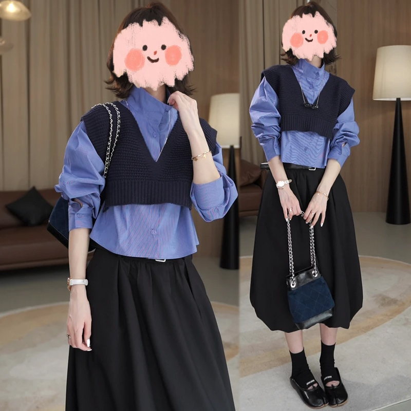高级感针织小马夹搭格子衬衫叠穿上衣花苞半身裙三件套装女春秋季