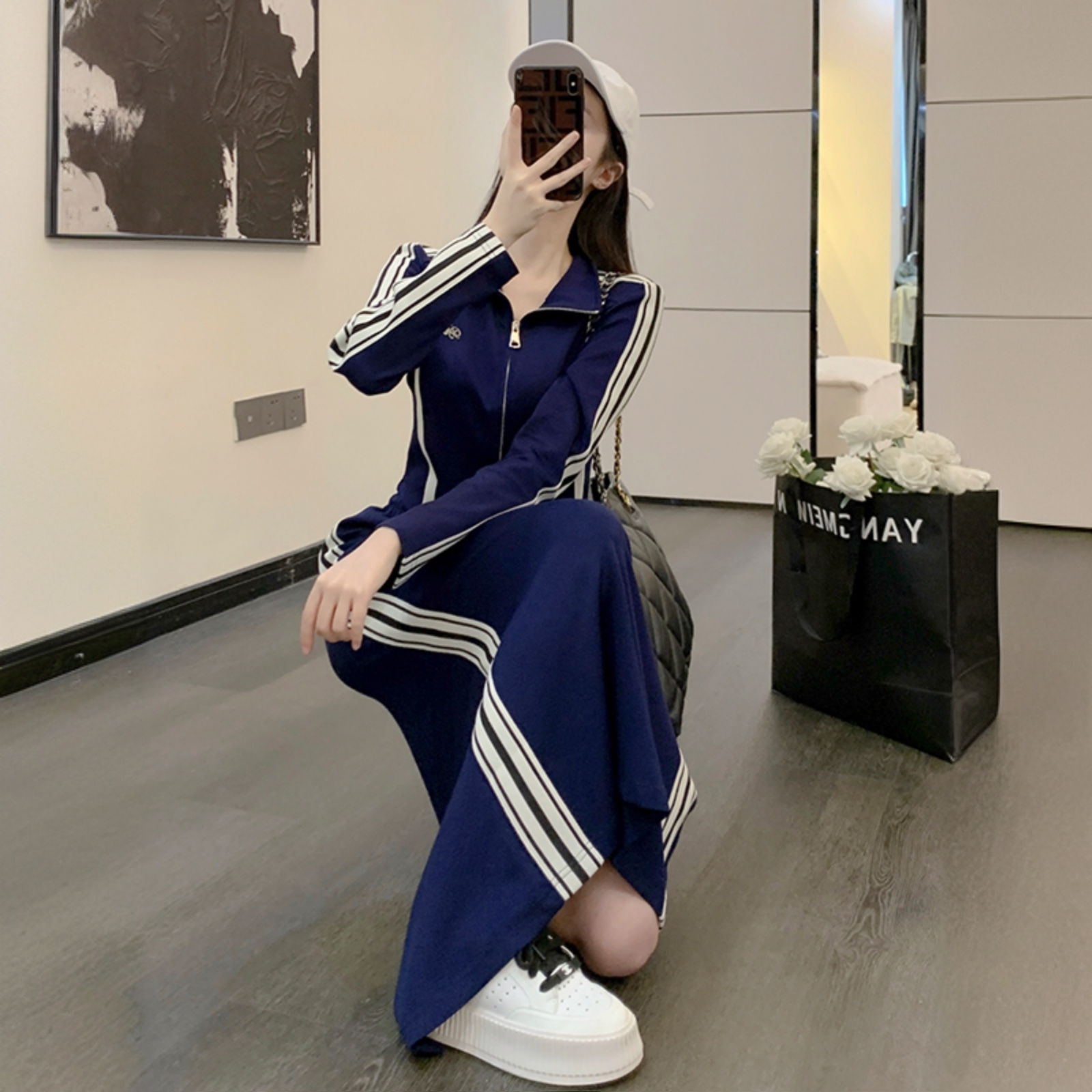 1585春夏条纹半身裙套装休闲运动时尚开叉裙