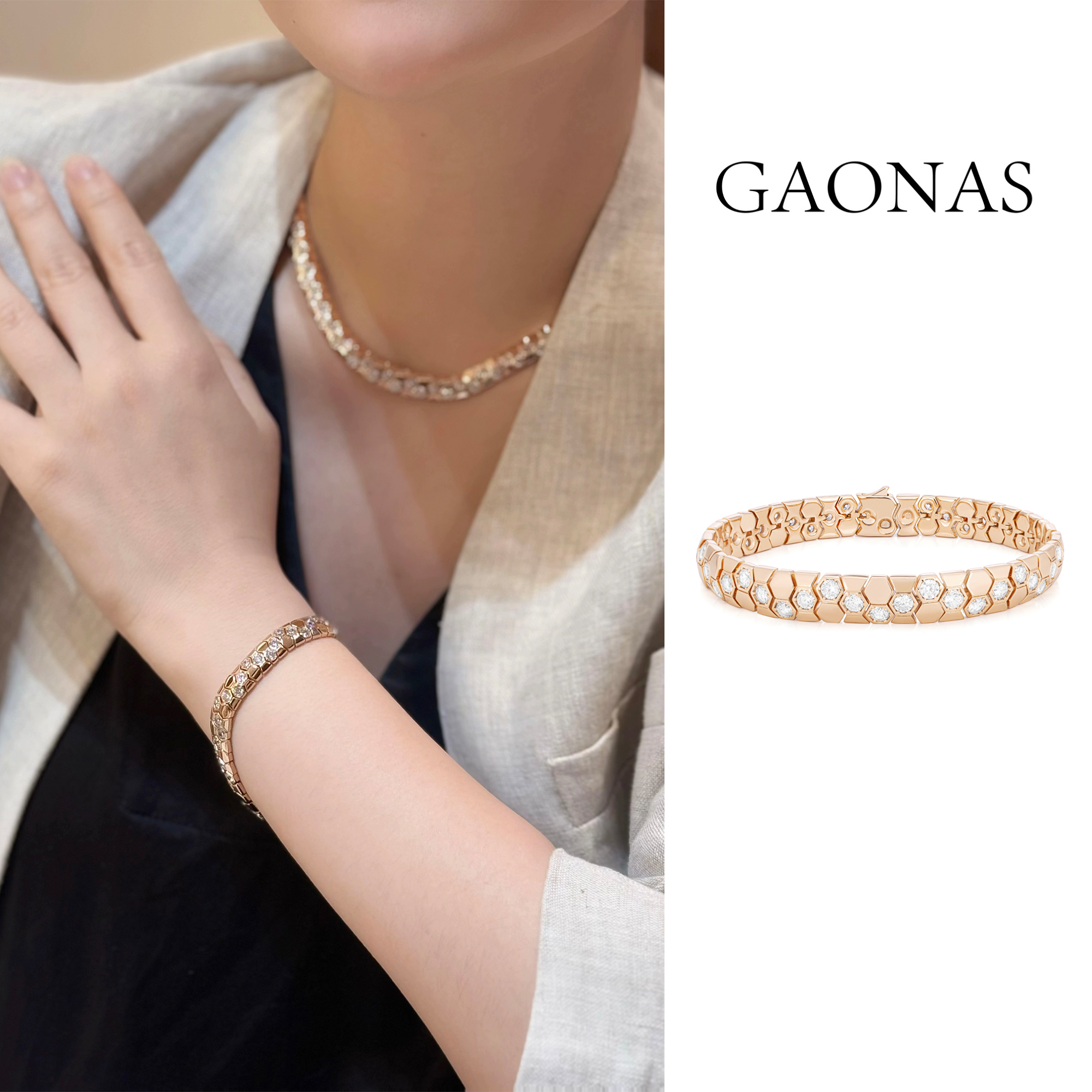 GAONAS 镀K金合成锆石手链 柏林热吻 金色蜂巢设计手链11419SGO