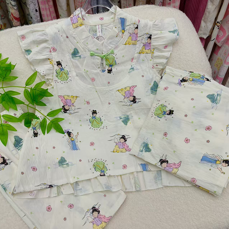 夏季国风美人小飞袖三件套带杯垫睡衣甜妹减龄可外穿透气套装2483