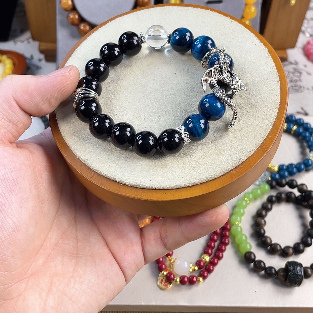 黑曜岩手饰银S925镀金镶嵌