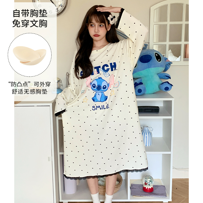 Disney/迪士尼春秋新款套头长袖带胸垫睡衣女简约休闲家居服0147