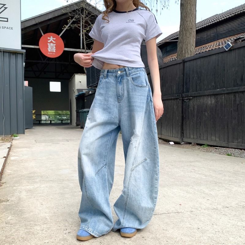 美式复古弯刀牛仔裤男女百搭直筒宽松破洞阔腿裤显瘦街头帅气长裤